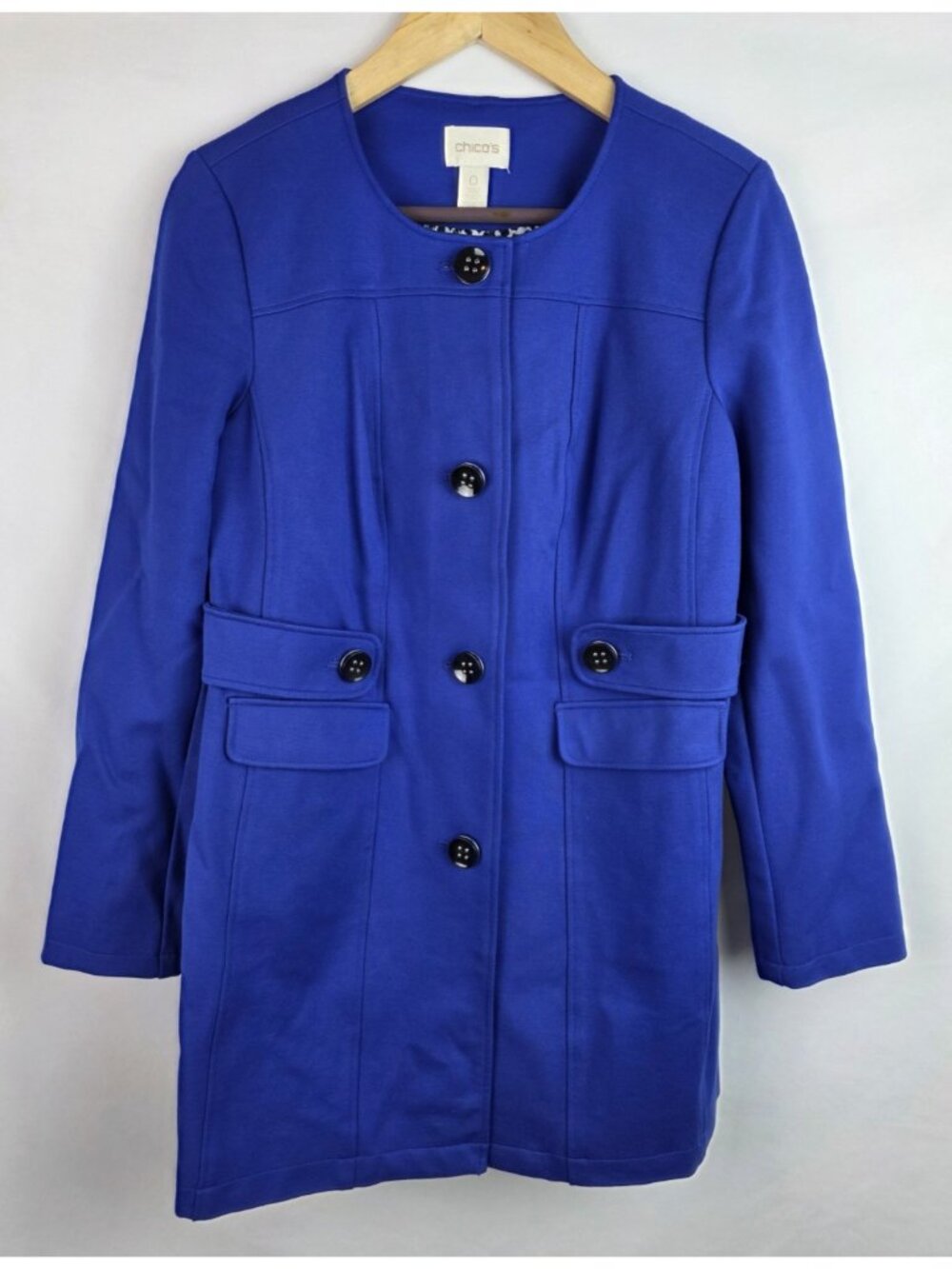Chico's Women's Jacket Size 0 Small Royal Blue Ponte Pea Coat Duster Blazer